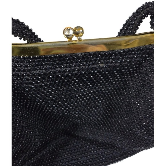 Vintage Beaded Handbag Tote Black Gold Snap Closure - Picture 6 of 8